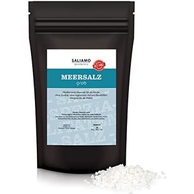Abbildung von Saliamo mediterranes Meersalz Kochsalz grob perfekt für Pasta oder Pesto die Salzmühle 500 g Packung ohne Rieselhilfe