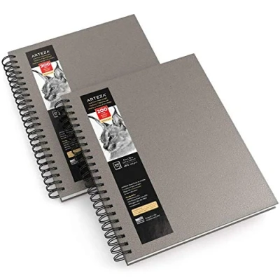 Abbildung von Arteza Skizzenbuch mit Spiralbindung 2er Pack je 100 Blatt, 22.9 x 30.5 cm, Skizzenblock in Grau, gsm, Hardcover Sketchbook für Bleistifte, Kohle, Kugelschreiber, Wachsmalstifte