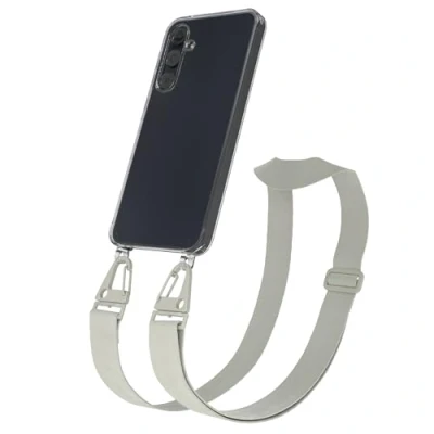 Abbildung von EAZY CASE Hülle mit Band kompatibel Samsung Galaxy A55 Handyhülle Umhängeband für Silikonhülle Transparent Schutzhülle Handykette zum Umhängen Handykordel Smartphone in Taupe Grau