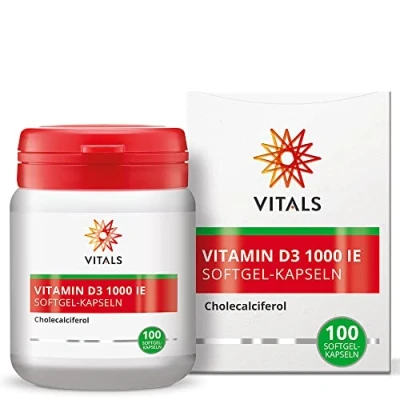 Abbildung von Vitals Vitamin D3 1000 I.E. Cholecalciferol, 100 hochdosierte Softgel Kapseln, ohne unnötige Zusätze. Die wirksamste Form von D
