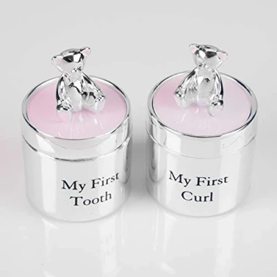 Abbildung von Geschenk Set mit Teddys Aufschrift &quot;My First Tooth and My Curl&quot;, versilbert, Pink