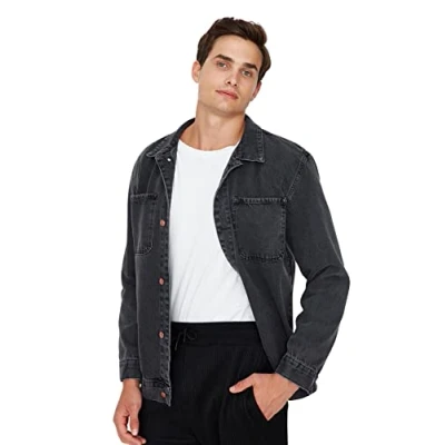 Abbildung von Trendyol Herren Regular Zweireihig Plain Denim Jacke Coat, Anthrazit, L EU