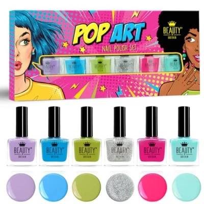 Abbildung von Pop Art Nagellack Set Kollektion von 6 Klassischen, Hellen und Lebendigen Farben, 10 ml, Lang anhaltend Einfach aufzutragen Beauty4Britain