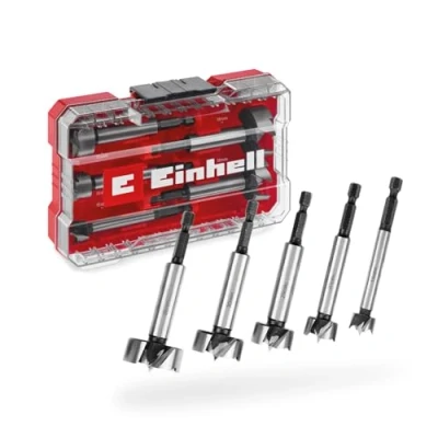 Abbildung von Original Einhell M CASE 5 tlg. Forstnerbohrer Set (aus C65 Stahl, E 6.3 Schaft, Querschneide, Zentrierspitze, konische Kopfform, 4 seitig geschlossene Vorschneide inkl. Aufbewahrungsbox)