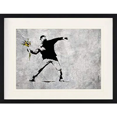 Abbildung von 1art1 Banksy Poster Der Blumenwerfer, Graffiti Streetart Gerahmtes Bild Mit Edlem Passepartout Wand Bilder Im Bilderrahmen 80x60 cm