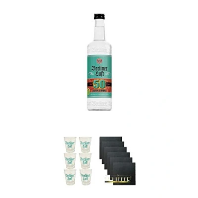 Abbildung von Berliner Luft SUPER STRONG 50% 0,7 Liter + Shot Glas 4cl 6 Stück Schiefer Glasuntersetzer eckig x ca. 9,5 cm Durchmesser