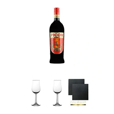 Abbildung von Picon BIERE Aperitiv 1,0 Liter + 2 Bugatti Nosing Gläser mit Eichstrich 2cl und 4cl Schiefer Glasuntersetzer eckig ca. 9,5 cm Ø