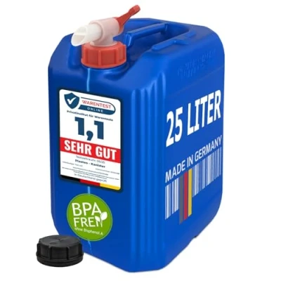 Abbildung von Plasteo Kanister 25 L Getränke Wasserkanister mit 1 Hahn und Schraubdeckel (DIN 61) (Sparset, Auslaufhahn), Lebensmittelecht, für Gefahrgüter zugelassen (UN Zulassung)