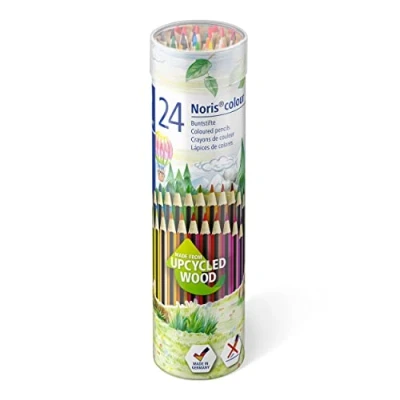 Abbildung von STAEDTLER Buntstifte Noris colour, rutschfeste Soft Oberfläche, hohe Bruchfestigkeit, Made from Upcycled Wood, intensive Farben, Sechskantformat, 24 Farbstifte in Metallrunddose, 185 MD24