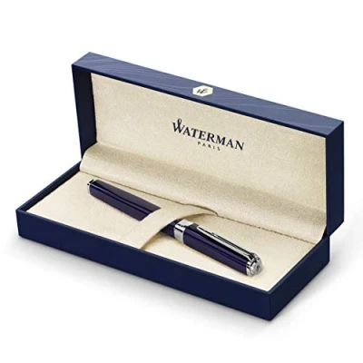 Abbildung von Waterman Exception Füller (Modell „Slim“) blau mit Silber plattiertem Clip Füllfederhalter feiner Feder und blauer Tinte Geschenkbox
