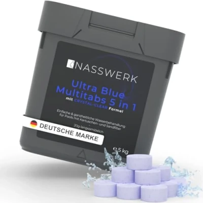 Abbildung von NASSWERK Ultra Blue Multitabs 5 in 1 für Pool (5kg) 20g Langzeit Chlortabletten Mini Whirlpool Chlortabs mit Chlor, Algizid, pH Stabilisator, Reiniger &amp; Aquamarin klares Wasser