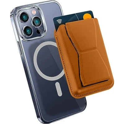 Abbildung von MyGadget Magnetische Magsafe Wallet Kunstleder mit Kartenfach und Kickstand aus kompatibel Apple iPhone 16 15 14 13 Series Hell Braun