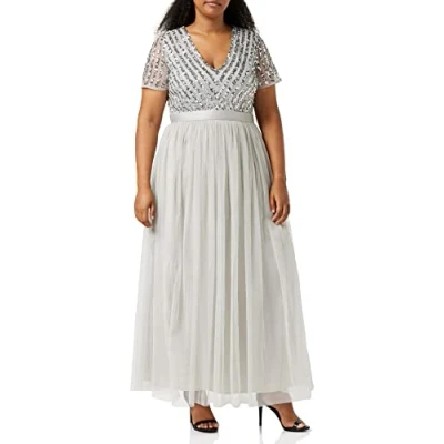 Abbildung von Maya Deluxe Damen Maxikleid Brautjungfer V Ausschnitt Ballkleid Kurze Ärmel Lang Elegant Empire Taille Hochzeit Kleid, Soft Grey, 48 EU