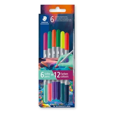 Abbildung von Staedtler 3280 Doppelfasermaler zweifarbig, zwei Spitzen, unterschiedliche Farben, Linienbreiten 3 mm und 1 mm, Kartonetui mit 6 Fasermalern in sortierten 3280C6E2