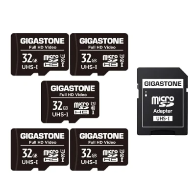 Abbildung von Gigastone 32GB MicroSDHC Speicherkarte 5er Pack + SD Adapter, für Action Kamera, GoPro, Drohne und Tablet, Lesegeschwindigkeit bis zu 90MB/s, Full HD Videoaufnahme, Micro Karte UHS I Klasse 10 U1