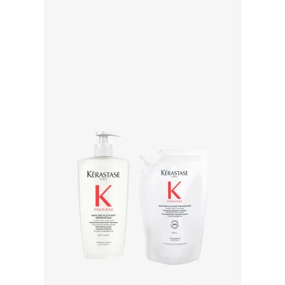 Abbildung von Kérastase Première Bain Décalcifiant Réparateur Nachfüllset, Reparierendes Haarbad bei geschädigtem Haar, Enthält: 500 ml im Pumpspender sowie Nachfüllpackung