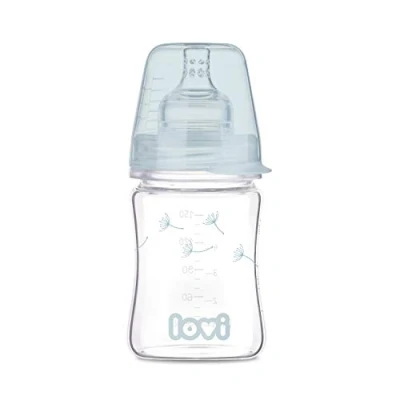 Abbildung von LOVI Anti Kolik Babyflasche aus Glas 150 ml, mit dynamischem Sauger 0 Monate+, Milchflasche für die Kombination dem Stillen, Baby Trinkflasche Bodenventil gegen Koliken, Botanic Girl