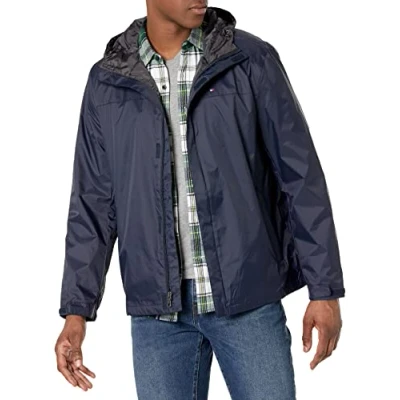 Abbildung von Tommy Hilfiger Herren wasserdichte atmungsaktive Kapuzenjacke Regenmantel, Marineblau, 3XL