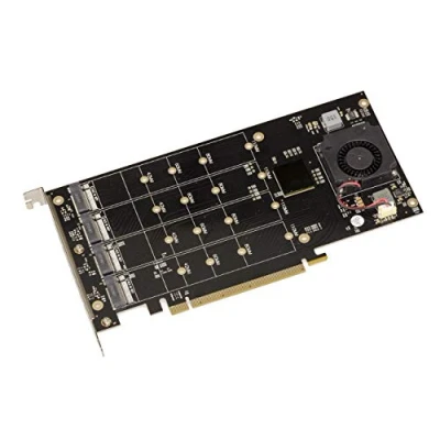 Abbildung von KALEA INFORMATIQUE PCIe x16 M2 Controller Karte für 4 M.2 NVMe M Key SSDs mit PLX8747 Chipsatz 128GB Bandbreite Max. 16000MB/s.