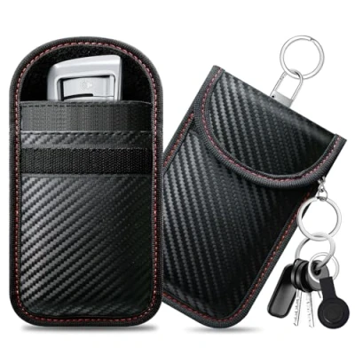 Abbildung von caslord Keyless Go Schutz Autoschlüssel, 2 Stück Faraday Taschen Kohlefaser Leder, Schutzhülle RFID Blocker Schlüsseletui Mittel