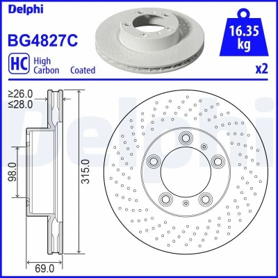 Abbildung von DELPHI BG4827C Bremsscheibe 315 28 5 Belüftet beschichtet hochgekohlt ohne Radlager, ABS Sensorring PORSCHE: Boxster, Cayman