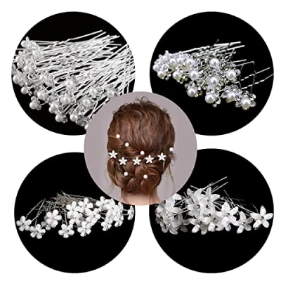 Abbildung von 20pcs Hochzeit Haarnadeln Perlen Blumen Braut Haarschmuck Strass für Brautfrisur, U förmig Kommunion Party,Brautperlen Haar Stifte Clips