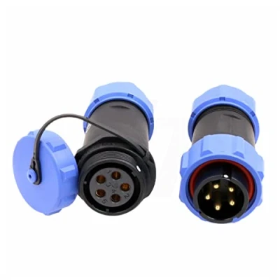 Abbildung von HangTon SP21 5 Pin Stecker Luftfahrt kreisförmige wasserdichte IP68 Blaue 30A männliche weibliche Buchse für Energie im Freien