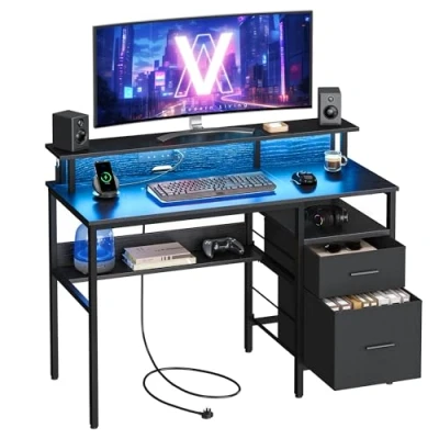 Abbildung von VASAGLE Schreibtisch mit Stoff Schubladen, Computertisch Monitorständer, LED Beleuchtung, 55 x 120 90 cm, eingebaute Steckdosen, 2 USB Anschlüsse, für Homeoffice, ebenholzschwarz LWD093B01