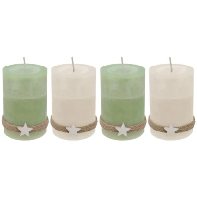Abbildung von ZauberDeko 4 Adventskerzen Kerzen Stumpenkerzen Grün Creme Holz Stern Weihnachten Advent Deko