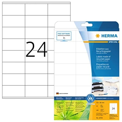 Abbildung von HERMA 10703 Recycling Etiketten, 20 Blatt, 70 x 36 mm, 24 pro A4 Bogen, 480 Stück, selbstklebend, bedruckbar, matt, blanko Papier Klebeetiketten Aufkleber, natur weiß