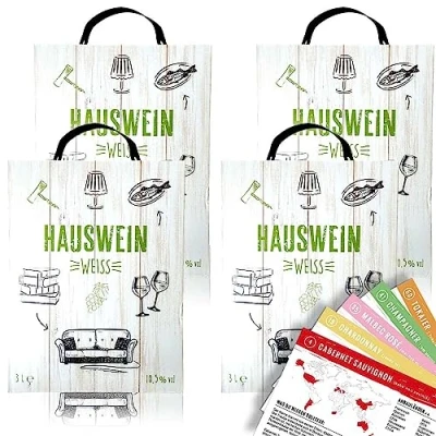 Abbildung von Hauswein Weiß, halbtrocken, Bag in Box, sortenreines Weinpaket + VINOX Winecards (4x3,0l)
