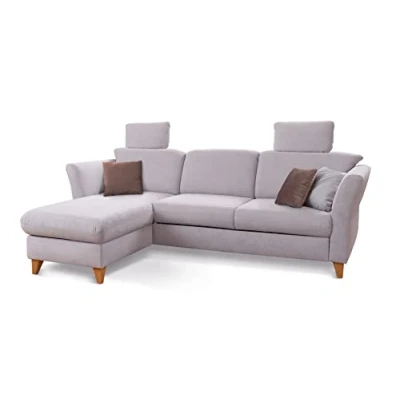 Abbildung von CAVADORE Schlafsofa Trend / Skandinavische Eckcouch mit Federkern, Bettfunktion, Bettkasten im Longchair und 2 Kopfstützen 249 x 86 162 Cord, Hellgrau