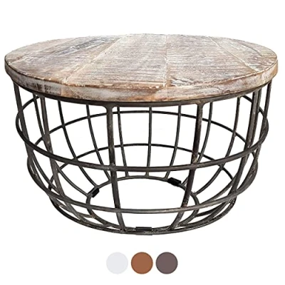 Abbildung von kreatives Wohnen Couchtisch Wohnzimmer Tisch rund Beistelltisch Lexington ø 55 cm Metall Drahtgestell Gitter massiv weiß gekälkt, Holz, Extra breit