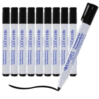 Abbildung von Westcott Permanent Marker 10 Stück Schwarz 10er Vorteilspack wasserfeste Stifte 1,5 3,0 mm Rundspitze Nachfüllbar, lichtbeständig, schnell trocknend, wischfest E 713005 00