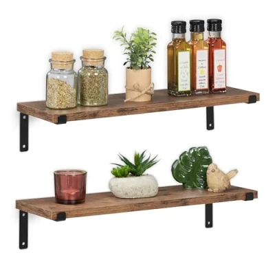 Abbildung von Relaxdays Wandregal Industrial, 2er Set, Ablagebretter, BxT: 48 x 15,5 cm, Metall &amp; Holzoptik, Hängeregal, braun/schwarz