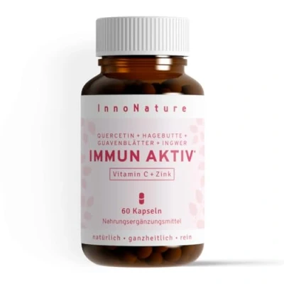 Abbildung von InnoNature Immun Aktiv Kapseln aus Quercetin, Hagebutte, Guavenblätter und Ingwer 60 Kapseln, 500 mg Quercetin + 160 Vitamin C 10 Zink pro 2 glutenfrei, vegan, pflanzlich