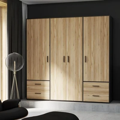 Abbildung von FORTE Jupiter Schrank 200 210, Kleiderschrank, Drehtürenschrank, 4 türig, mit Schubladen und Einlegeböden, Schwarz Holz Dekor: Catania Eiche, 206 cm breit x 53 tief hoch
