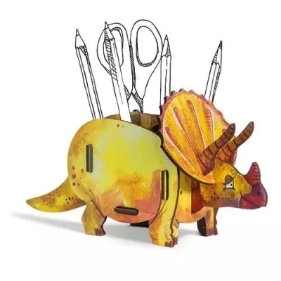 Abbildung von Öko Stiftebox als Dinosaurier aus Holz 13x12x10cm Triceratops