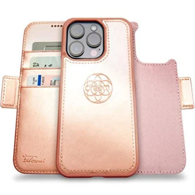 Abbildung von Dreem Fibonacci iPhone 14 Pro Geldbörsen Hülle / 2 in 1 Stoßfestes MagSafe Case und abnehmbares Luxus Vegan Leder Folio mit RFID Kartenschutz Ständer; für Frauen Männer Rosa