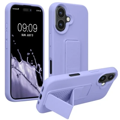 Abbildung von kwmobile Handyhülle kompatibel mit Apple iPhone 16 Hülle Fingerhalter und Standfunktion Silikon Case Handy Cover in Lavendel