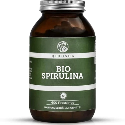 Abbildung von QIDOSHA® Bio Spirulina Presslinge, 600 Stk/Glas, 500mg/Pressling, 4000mg/Tagesportion, aus nachhaltiger Mikroalgen Kultivierung mit Zertifizierung, deutsche Fertigung, jede Charge laborgeprüft