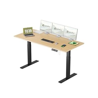 Abbildung von E.For.U® höhenverstellbarer Schreibtisch 180x80 cm, 2 Motoren, elektrisch höhenverstellbares Tischgestell mit Fach Teleskop, Memory Steuerung (Schwarz), DT20L Tischplatte (Buche)
