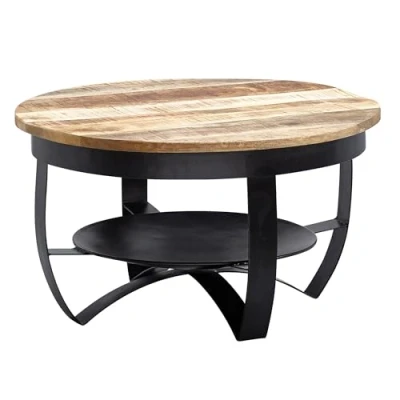 Abbildung von FINEBUY Couchtisch FB63625 (60x34x60 cm Mango Massivholz Metall Schwarz Rund), Sofatisch mit Stauraum, Wohnzimmertisch Industrial