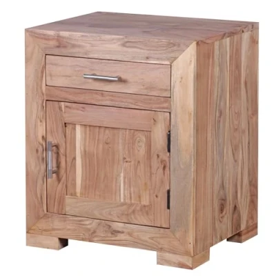 Abbildung von FINEBUY Nachtschrank SuVa3537_1 (Akazie Massivholz 60 cm mit Schublade und Tür) Nachttisch Boxspringbett, Nachtkästchen Stauraum
