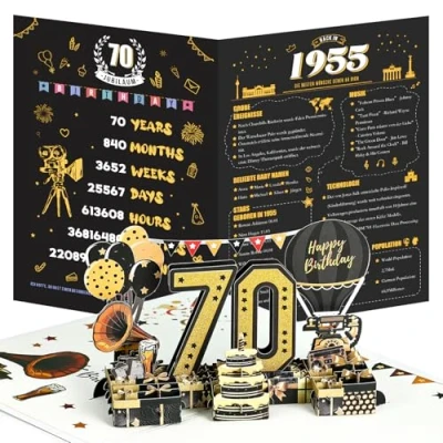 Abbildung von Joyoldelf 70. Geburtstagskarte, 1955 Jahrgang Geburtstag Karte, 3D Pop Up Grußkarten mit Umschlag, Vintage Geschenke für Mann und Frau