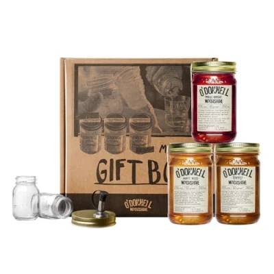 Abbildung von O&#039;Donnell Moonshine Geschenkbox 3 x 350ml 2 Shotgläser + Ausgießer Premium Schnaps nach amerikanischer Tradition Likör vegan natürliche Zutaten (Harte Nuss/Pralle Kirsche/Toffee)