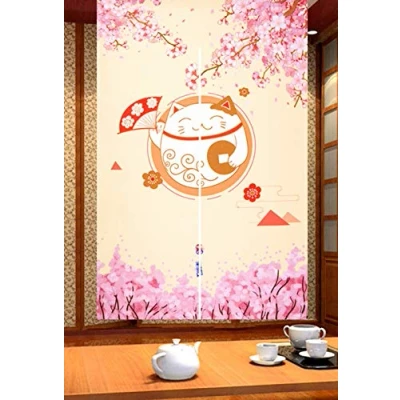 Abbildung von LIGICKY Japanische Stil Dick Noren Lang Vorhänge Raumteiler Türvorhang Tapisseri für die Heimtextilien, Gelb 85 x 150 cm (Fortune Cats und Kirschblüte)