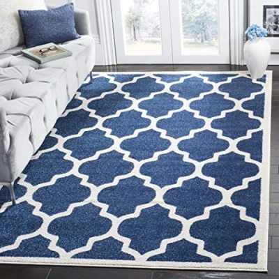 Abbildung von SAFAVIEH Geometrisch Teppich für Wohnzimmer, Esszimmer, Schlafzimmer Amherst Collection, Kurzer Flor, Marine und Beige, 122 X 183 cm