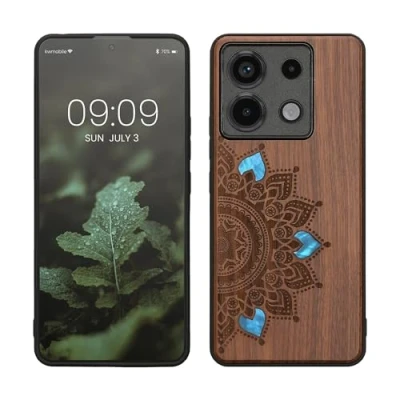 Abbildung von kwmobile Hülle kompatibel mit Xiaomi Redmi Note 13 Pro 5G / Poco X6 Holz Case Handy Cover TPU Handyhülle in Dunkelbraun Aufgehende Sonne Perlmutt