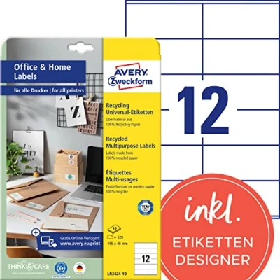Abbildung von AVERY Zweckform LR3424 10 Recycling Etiketten (120 Adressaufkleber, 105x48mm auf A4, 100% recyceltes Altpapier, bedruckbare Adressetiketten, selbstklebende Klebeetiketten) Blatt, naturweiß